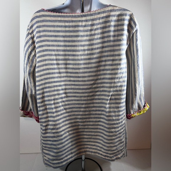 J Jill Shirt Womens Medium Petite Blue Stripes Linen Embroidery Floral Top - Picture 3 of 12